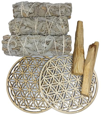 Coffret Sauge Blanche Purification, Fleur de Vie 10 cm en Bois et batons Palo Santo (3 bâtons de Sauge - 2 Fleurs de Vie - 2 palo Santo)