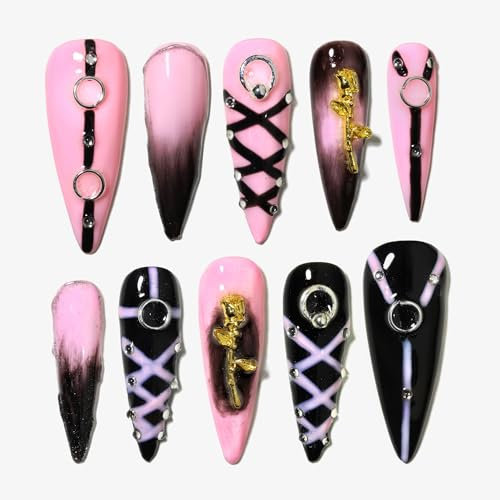 Sun&Beam Nails Handmade Press-on Long Pointed Nails Pink Black Gold Silver Diamond Rose False Nail Tips Design Fashionable 10 Pcs Set (#152 L)