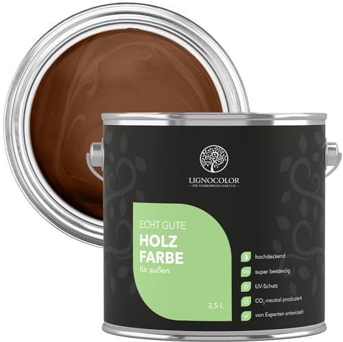 Lignocolor Holzfarbe Außen glänzend | wetterfeste Farbe für den Außenbereich (Hellbraun glänzend, 2,5L) | hochdeckend & hochbeständig