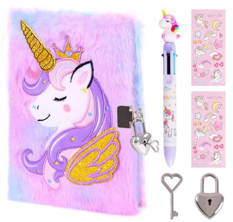 PrinBarBee Unicorn Diary with Lock for Girls,Cute Plush Journal Notebook Set for Kid with Stickers,Fluffy Secret Notebook for Writing and Drawing Gifts for Girls ages 6-8