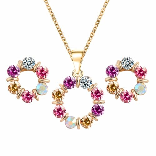 VJUYSW Parure Gioielli Set per Donna Fiore Ciondolo Collana Orecchini Set Intarsio Cristalli Colorato Regalo Aniversario Compleanno per Donna/Moglie/Sposa