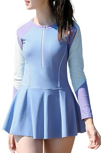 Maeau Maillot de Bain Jupe Fille 1 Une Pièce 14 15 16 Ans Anti UV Sport Tankini Costume de Plage Shorty Zippé Combinaison de Natation Enfant Rashguard Manche Longue Shorts Tenue Ensemble Piscine Bleu