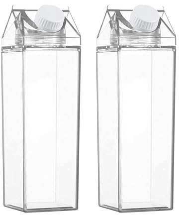 Botella de agua de cartón de leche, 2 cajas de leche de transparente de 1 litro, botella de agua reutilizable con forma de cartón de leche, botella de jugo cuadrada portátil, botella de jugo