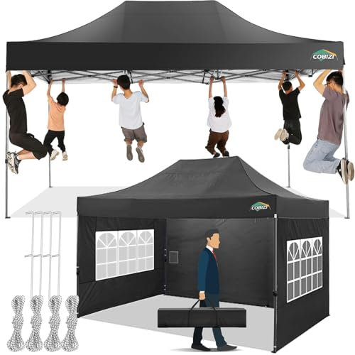 COBIZI Pavillon 3x4,5 Wasserdicht Stabil Winterfest mit 3 Seitenwand,Popup Faltpavillon Partyzelt,Faltbarer Sonnenschutz Gartenpavillon für Strand Hochzeit Camping mit Handtasche(3 mal 4,5m Schwarz)
