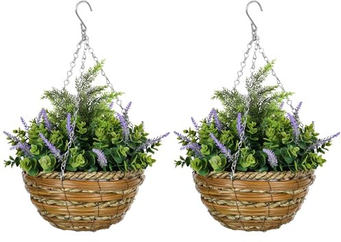 Outsunny Pack of 2 Faux Plant Artificial Lavender Flowers Hanging Planter with Basket for Indoor Decoration, Purple