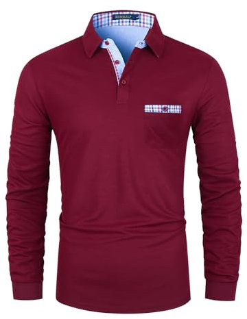 KUNJLELP Men's Premium Long Sleeve Polo Shirt Casual Cotton T-Shirt with Real Pocket,Red 37,3XL