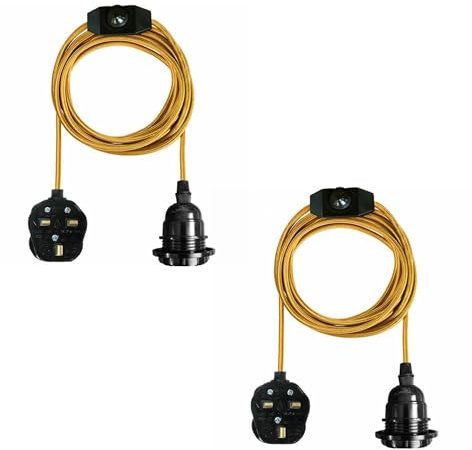 LEDSONE Vintage 2Pack Plug in Pendant Light Kit with Fabric Flex Cable | 2m Hanging Light Fitting E27 Bulb Socket Plug with Switch Ideal for Home, Studio, Office, Café, or Decorative Lighting (Gold)