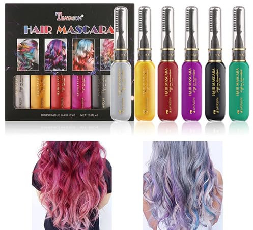 Gireatick 6 Farben Sofort Haarfarbe Farbstoff Temporäre Haar Wimperntusche für Mädchen & Frauen, Waschbar Haarfarbe Kreide Regenbogen Haar Wimperntusche für Geburtstag Cosplay DIY (B, box)