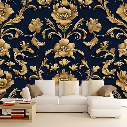Wall Mural Vintage Victorian Floral Print Photo Wallpaper Mural, Non-Woven Wall Mural Decoration Poster Picture Design Modern 157.48 x 110.24(W x H), Mural for Living Room Kids Bedroom Gold Black