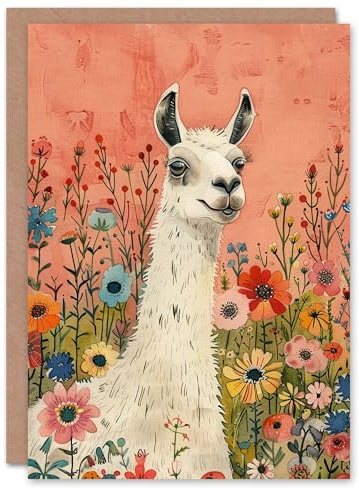 Artery8 Llama in Flower Meadow Colourful Watercolour Blank For Him Or Her Art Birthday Card