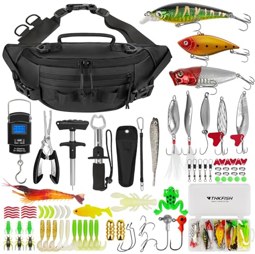 THKFISH Kit di attrezzi da pesca, 85 pezzi, con borsa a tracolla inclusa, kit di pinze da pesca, kit per esche da pesca, con marsupio da pesca, per bambini e adulti