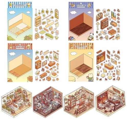 UENXRXE 3D Sticker Scene 4 Sets Diy 3D Landscaping Stickers,3D Dticker,Sticker Maker,Diy Your Own Supermarket,Cafe,Restaurant,Bookstore,Sticker 3D,Sticker Set