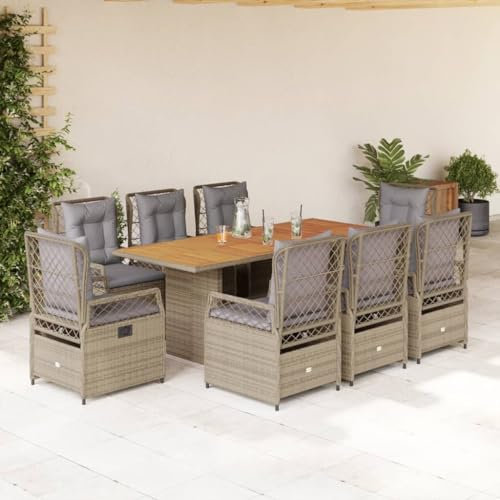 IKAYAA Gartenmöbel Set 8 Verstellbare Hochlehner Stühlen mit Tisch Garten sitzgruppe 8 Personen Polyrattan Gartenmöbel Sitzgruppe Gartengarnitur mit Kissen-Beige und Grau-9-tlg
