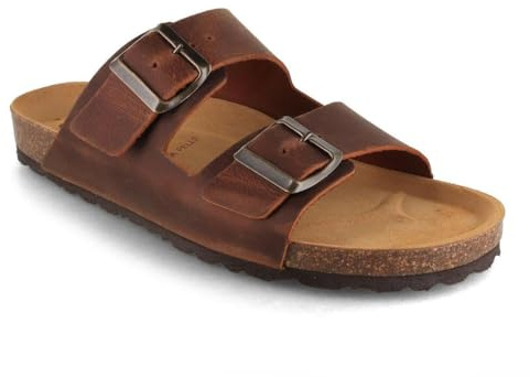 Tuffeln Leder-Sandalen Föhr mit weichem Korkfußbett Zweischnaller Pantoletten, Braun Gr. 44