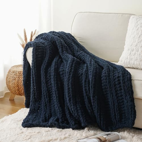 Battilo Grobstrick-Wurfdecke Zopfmuster handgemacht Chenille Marineblau
