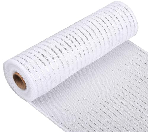 Christmas Metallic Deco Mesh Ribbon, 26cm x 9.4 Metres Poly Foil Metallic Shimmering Ribbon Roll for Christmas Tree, Wreath Decoration, Wrapping, Craft Bows (Silver)