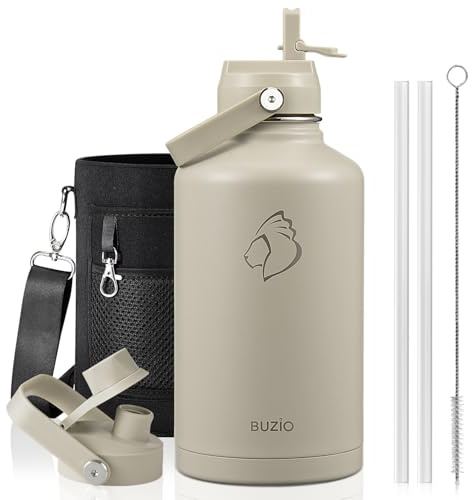 BUZIO 2L Insulated Water Bottle Stainless Steel with Straw & Spout Lid | Large Metal Water Thermo Flask, Keeps Cold 48 Hrs Hot 24 Hrs, Leakproof Drink Bottles, BPA-Free, for Gym, Travel, Sports