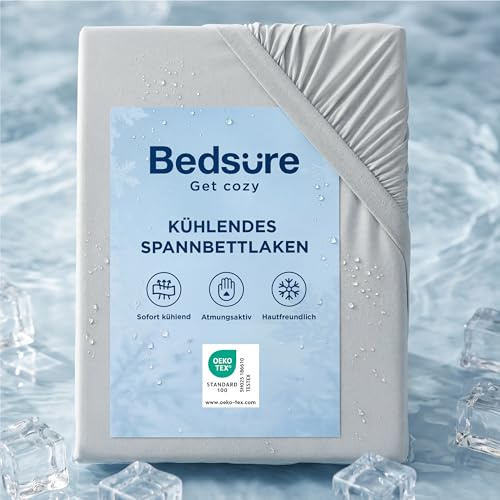Bedsure Spannbettlaken 200x200cm kühlendes Bettlaken - Sommer Spannbetttuch bis 40cm für hohe Matratzen, Boxspringbett, Oeko-TEX Zertifiziert Q-MAX 0.4-Kühlstoff sorgt, Hellgrau