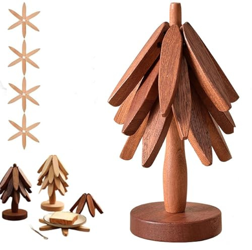 Natural Wood Tree Trivet Set, Christmas Tree Trivet Set, 4PCS Foldable Walnut Wood Trivets with Stand, Heat Resistant Wooden Pot Holders for Hot Dishes, Bowls (Three-piece walnut)