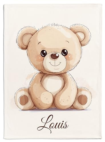 Pictogogo Personalisierte Babydecke mit Namen und Datum - Kuschelige Meilensteindecke aus Minky-Fleece, Ideal als Geburtsgeschenk (Teddy Klassik)