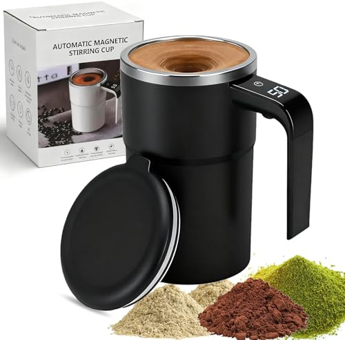 Vgpbphj SpinBrew Mug – Self-Stirring Magnetic Coffee Cup with Temp Display, Rechargeable Automatic Magnetic Stirring Cup, Self Stirring Mug with Lid, for Coffee, Milk and Other Beverages (Black)