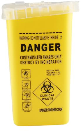 Tabanzhe Sharps Bin 1L Small Yellow Needle Disposal Container for Tattoo Use, Travel Safe Lock Sharps Box for Home Waste Management