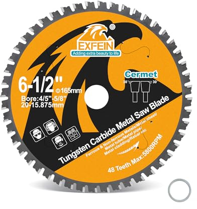 EXFEIN Hoja de sierra de corte de metal de 6-1/2 pulgadas 48T para barras de refuerzo, hierro angular, tuberías, canales, carburo cementado de cerámica con eje de 5/8 pulgadas
