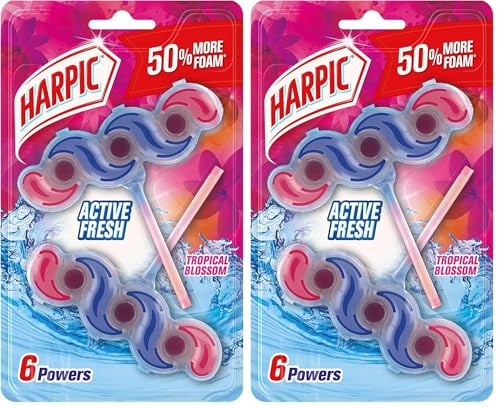 Harpic Active Fresh Toilet Rim Block Twin Pack, Tropical Blossom, Pack of 2, Anti-Limescale, Dirt Remover, Lasts up to 10 weeks and up to 500 flushes, Toilet Cleaner, Toilet Freshener