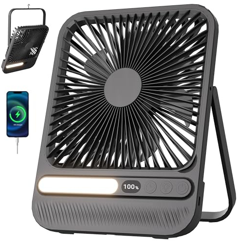 Ventilatore Portatile da Viaggio 7 Pollici con Luce, 28 Ore di Autonomia, Ultra Sottile 3,6 cm, Timer 8H, 42 dB, 4 Velocità, Inclinazione 180°, Ventilatore da Scrivania Ricaricabile con Display LED