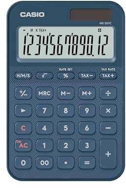 CASIO MS-20YC-NY Tischrechner, Navy-Blau, 12-stellig, Solar/Batteriebetrieb | 12-stelliges großes Display. Solar-Batteriebetrieb, Prozentrechnung, kompaktes Gehäuse, Zeitberechnung. Steuerberechnung