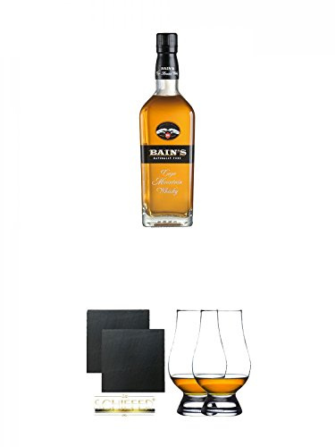 Bains Cape Mountain Whisky South Africa 0,7 Liter + Schiefer Glasuntersetzer eckig ca. 9,5 cm Ø 2 Stück + The Glencairn Glass Whisky Glas Stölzle 2 Stück