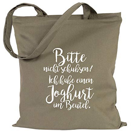 JUNIWORDS Jutebeutel - Wähle eine Farbe - Bitte nicht schubsen! Ich habe einen Joghurt im Beutel (Beutel: Khaki, Text: Weiß)