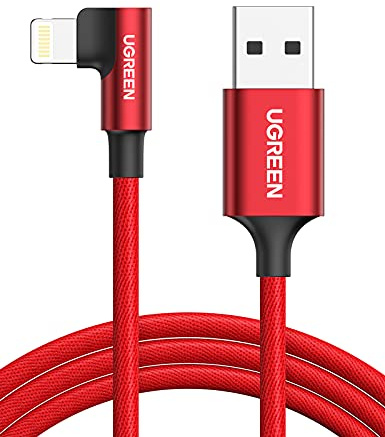 UGREEN Ladekabel für iPhone 91,4 cm 90 Grad Winkel Lightning auf USB A Nylon geflochten Ladekabel [MFi-Zertifiziert] kompatibel für iPhone 11 Pro Max XR X XS Max 8 7 Plus 6S 6 5 iPad, 3FT, rot