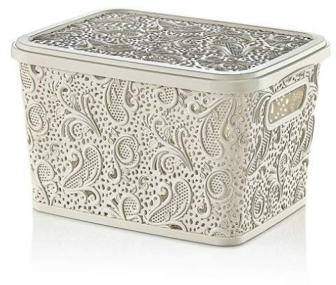 Muddy Hands Plastic Lace Storage Box with Lid Home Kitchen Bedroom Bathroom Office Stackable Lidded Basket Container (Cream, 17 Litre)