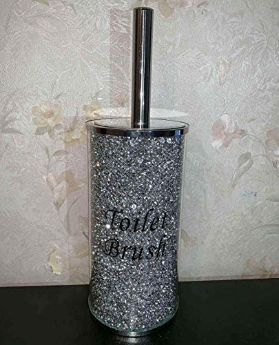 Crushed Diamond Toilet Bowl Brush and Holder for Bathroom Romany Bling Silver Toilet Brush Holder