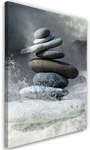 Feeby Vlies Leinwandbild Wasser Steine Zen Dunkle Wolken 60x90 cm Druckbild Wandbild Wanddekoration Deko Wand Aesthetic Wellen Natur Felsen Grau