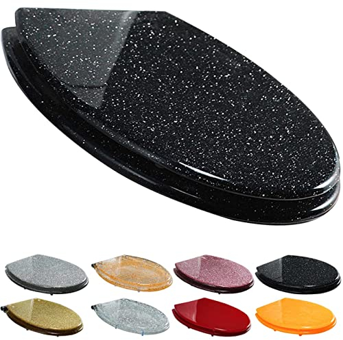 Abattant WC Avec Frein De Chute - Cuvette Toilette Universelle - Clipsable - Lunette De Toilette Avec Fermeture En Douceur - En Forme De O (Couleur : Noir-Paillettes)