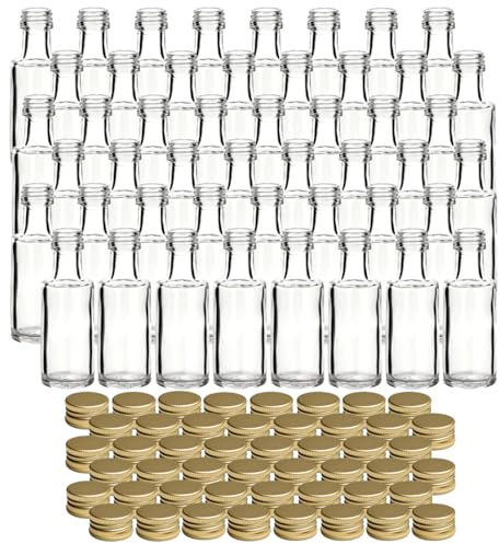 gouveo set de 48 bouteilles en verre 20 ml Dorica avec bouchon à vis or - mini bouteille 0,02 l à remplir - bouteilles en verre pour liqueur, schnaps, huile ou pour l'artisanat