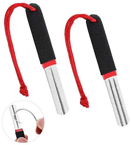 Prasacco 2 Pcs Fish Hook Sharpeners Double Sided Diamond File Sports Fishing Hook Sharpener with Handle Fine and Medium Grit Portable Grinding Tool for Fishing