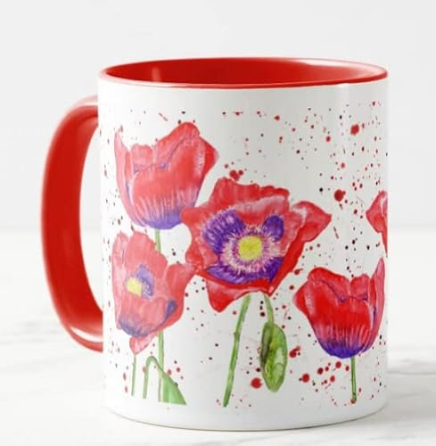 Vixar Poppies Poppy Hand Painted Design Watercolour Art Coloured Mug Cup Gift Birthday Work Office Christmas Tea Coffee (Red)