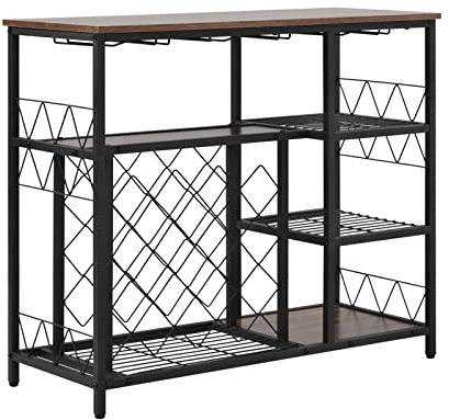 PEVSCO Weinschrank Industrial Wine Rack Tisch mit Glashalter und Weinaufbewahrung, Konsolentisch mit Weinregal, Weinbarschrank for Heimküche Barschrank