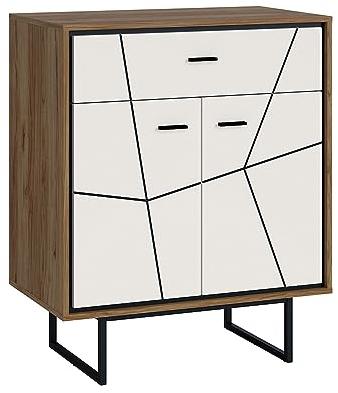 Sideboard Kommode mit 2 Türen und 1 Schubkasten Metallgestell in Catania Eiche Nb. mit schwarz und weiß Hochglanz, B/H/T: ca. 85,5/103/50 cm