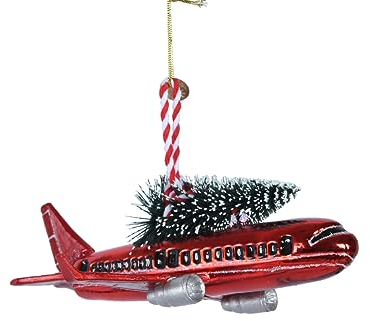 Kaemingk Christbaumschmuck Glas 15cm Flugzeug mit Tannenbaum Weihnachtskugeln - Rot
