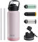 Exllena Edelstahl Trinkflasche, 1L Isolierte Wasserflasche mit Strohhalm, Thermosflasche mit 2 Deckeln für Sport, Fitness, Outdoor und Freizeit, Auslaufsicher und BPA Frei (Pink)