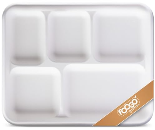 FOOGO Green 100pcs Large Disposable Plates with compartments, 10x8 inch 5 Compartments, Sugarcane Bagasse Paper Trays, Divided Plates for Hot Food, Portion Control