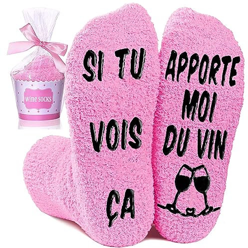 Chaussettes Femme Hiver, Chaussons Chaussettes Chaudes Femme Fantaisie Antidérapantes Rigolote Humour Chaussettes SI TU VOIS ÇA APPORTE MOI DU VIN, Idee Cadeau Noel Anniversaire Saint Valentin 39 42