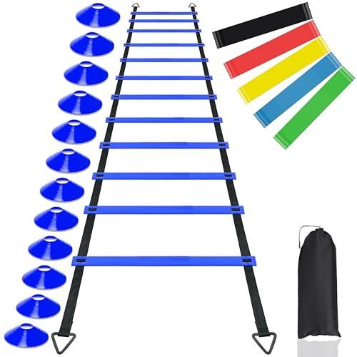 sukevitor Fussball Trainingszubehör Koordinationsleiter Trainingsleiter, 6M Koordinationsleiter Trainingsleiter & 12x Scheibenkegel, Widerstandsband für Fußball Training (Blau)