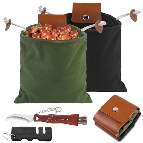 WIYETY Pilzmesser mit bürste 2 Pilzsammeltasche und Mini-Messerschärfer 4-Set, Schwammerlmesser mit Pinsel, Pilz Sammeltasche, Mini-Schärfstein, Klappmesser für pilze sammeln Outdoor und Camping