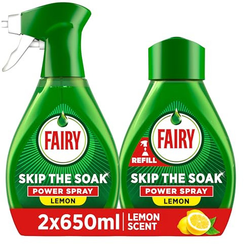 Fairy Skip the Soak Dish Spray Kit, Lemon, 1.3L (650ml Spray + 650ml Refill), 100% Grease Removal for Dishes & Surfaces
