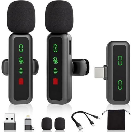 Mini Microphone for iPhone Android iPad PC with Light Display,Wireless Microphones Small Lavalier Mic,No Bluetooth USB Little Clip On Lap Mic,Vlogging Podcast Video Recording Tiny Cordless Phone Mics